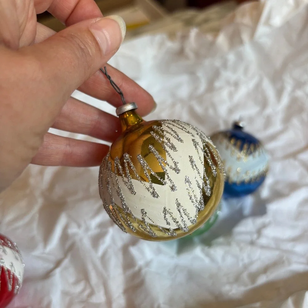 Vintage Multicolor Glass Ball Ornaments Silver Gold Glitter Zigzag Pattern 4pc
